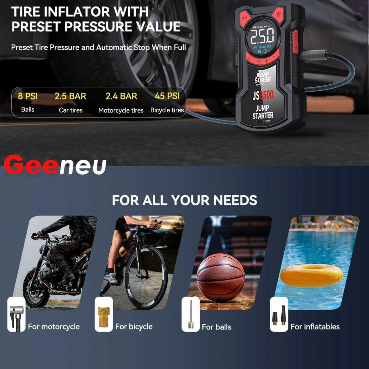 Car Jump Starter Air Compressor With Power Bank Portable Electric Pump Auto Battery Booster 12V Jump Box With Flashlight