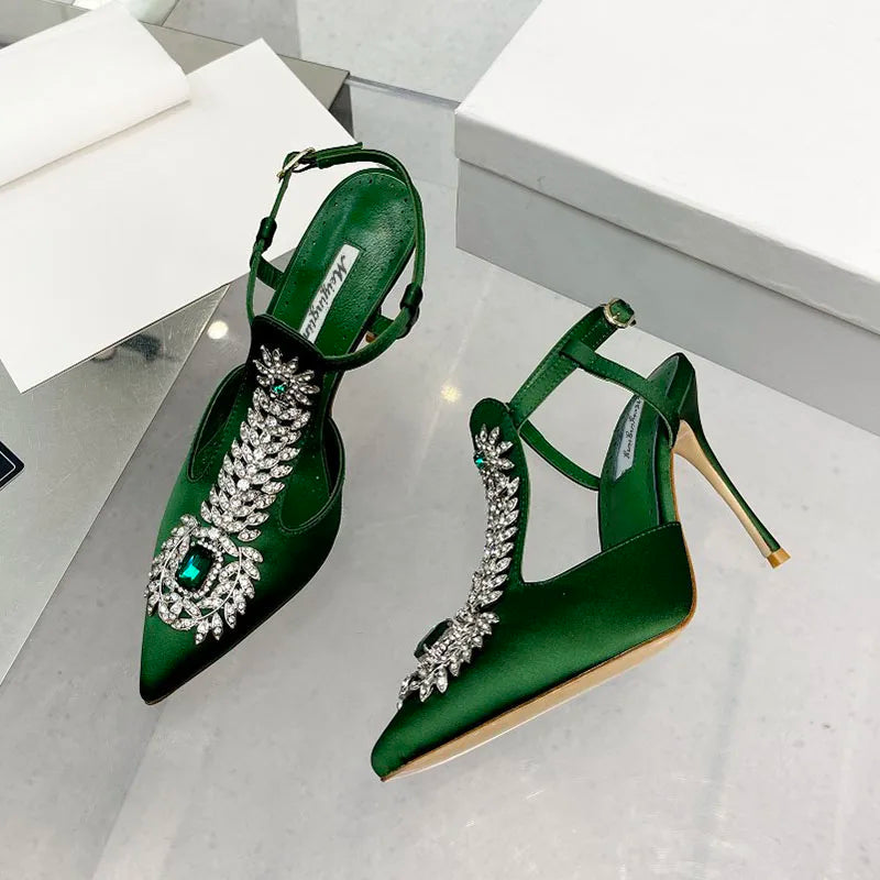 Ladies Wedding Shoes Rhinestone Pointed Toe High Heels Satin Gemstone Stiletto Sandals 2022 New Baotou Fairy Pump Wedding Shoes