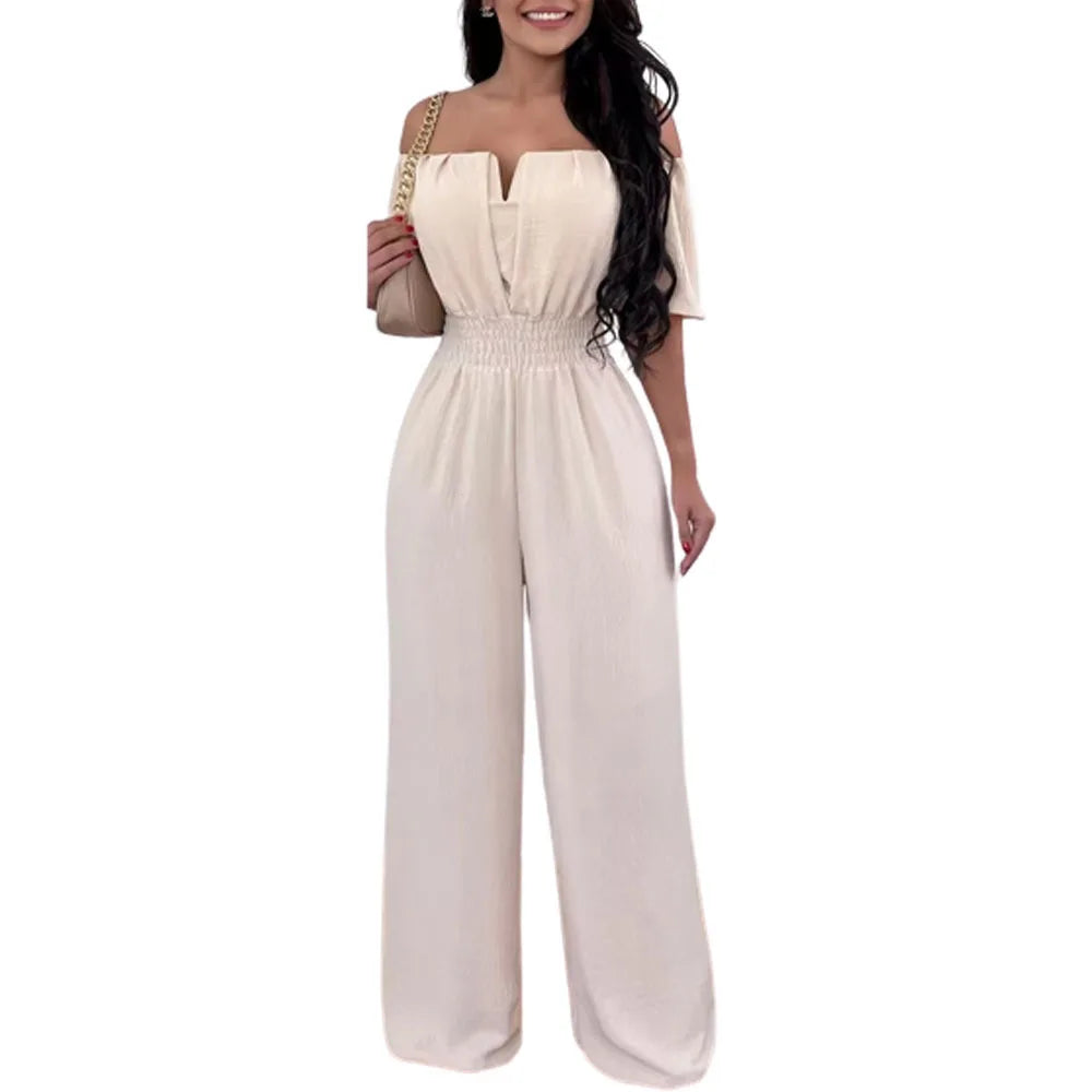 Summer New Women Sexy One Line Shoulder Solid Color Short Sleeve Jumpsuit Slim Elastic Waist Loose Straight Female Long Jumpsuit