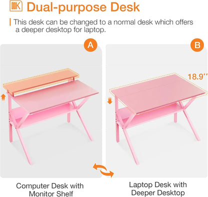 27.5 Inch Small Desk with Storage, Kids Study Table for Small Spaces, Pink Computer Desk with Monitor Stand