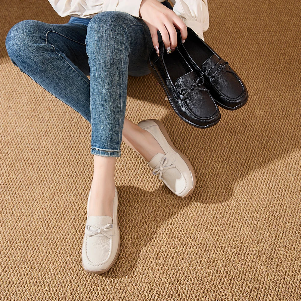 AIYUQI Women Bow Genuine Leather Loafers Slip‑on Platform Women Flat Shoes Mother Shoes Ladies Casual Walking Moccasins
