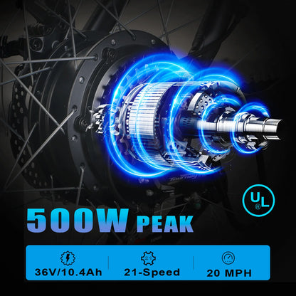 500W Peak Motor Electric Bicycle for Adults,26'' Fat Tire Electric Bike,374.4Wh/10Ah Battery,21-Speed E-bike