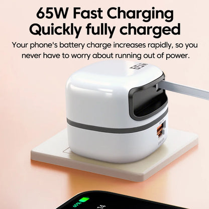 HAPPORIA 65W USB C Fast Charger Retractable Cable 3 Port Travel Adapter Foldable Plug PD Charger for iPhone 15 16 17 Samsung