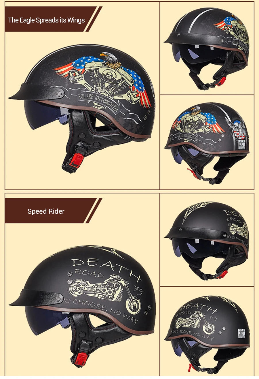 DOT Certification Motorcycle Helmet Retro Motocross Half Helmet Open Face Scooter Biker Sunshade Lens Summer Moto Men Helmet