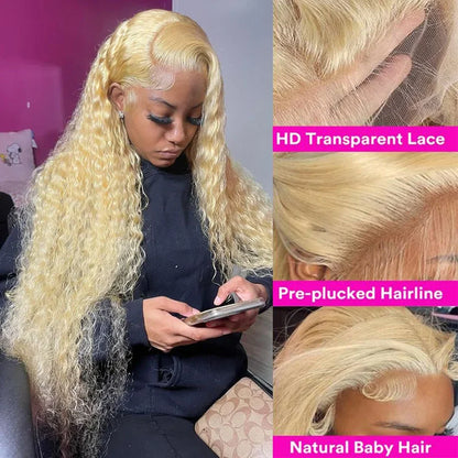 Deep Wave Wigs Human Hair Lace Front 613 13x6 HD Transparent Curly 200% Density Pre Plucked Lace Frontal Wig For Women 30 Inch