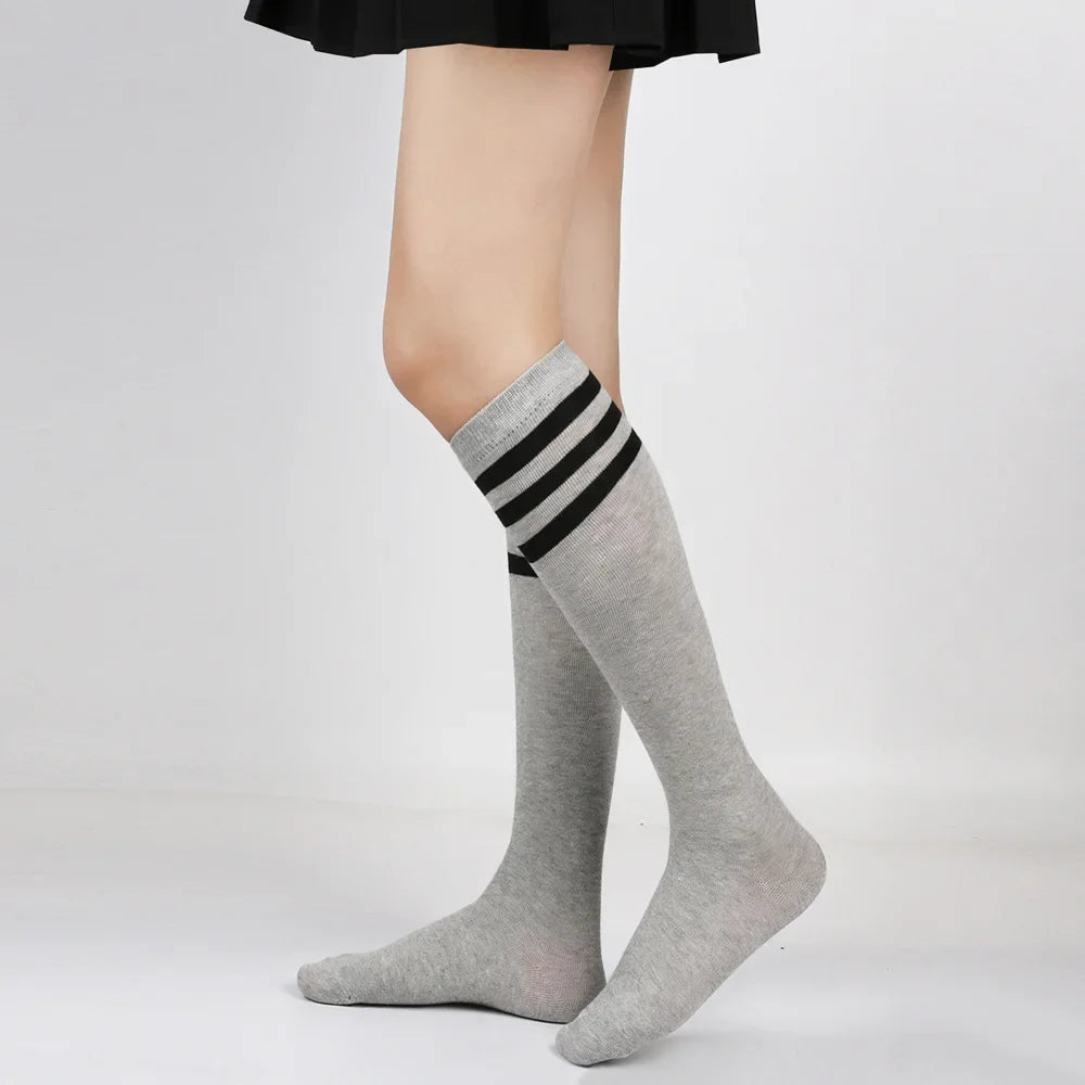 Middle Tube Sock Women Striped Knee High Ladies Japanese Harajuku College Style Cotton Summer Calf Sock Black White Female Gift
