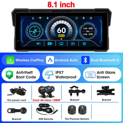 5/8.1 inch Motorcycle Carplay GPS Navigation Wireless Carplay Android Auto IPX7 Waterproof Support 4K+1080P Dual Lens DVR