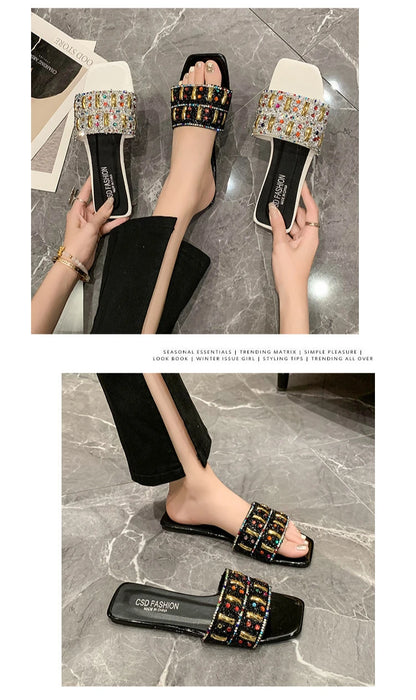 Slippers for Women Shiny Rhinestone Sandals Women Outdoor Beach Casual Shoes Sexy Fashion Big Size Flat Shoes Sandalias De Mujer