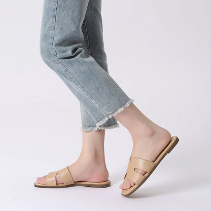 Women's Dressy Flat Sandals Comfortable Slip On Leather Slide Sandals