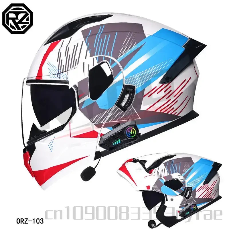 ORZ-103 Motorcycle Dual-Lens Helmet Men Women Bluetooth Full Helmet All Seasons Flip Helmet with Tail Wing DOT Certification