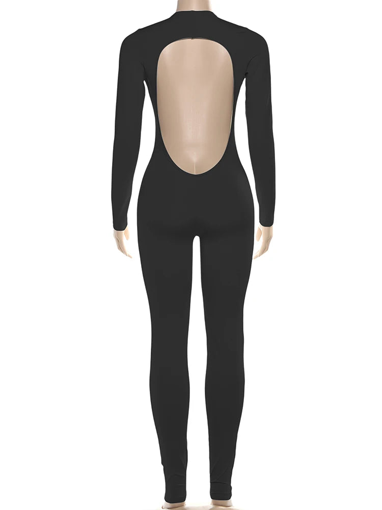 Nibber Backless Jumpsuit Women Deep v-Neck Long Sleeve Solid Skinny High Stretch Sexy Midnight Coquette Basis Wild Fall Outfits