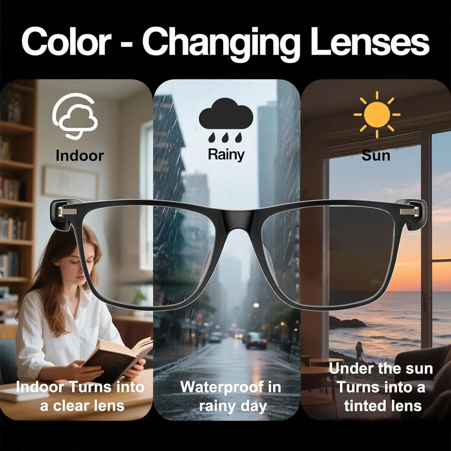 AI smart translation glasses, supporting real-time app translation in 164 languages, photochromic lenses, and flat gray lenses.