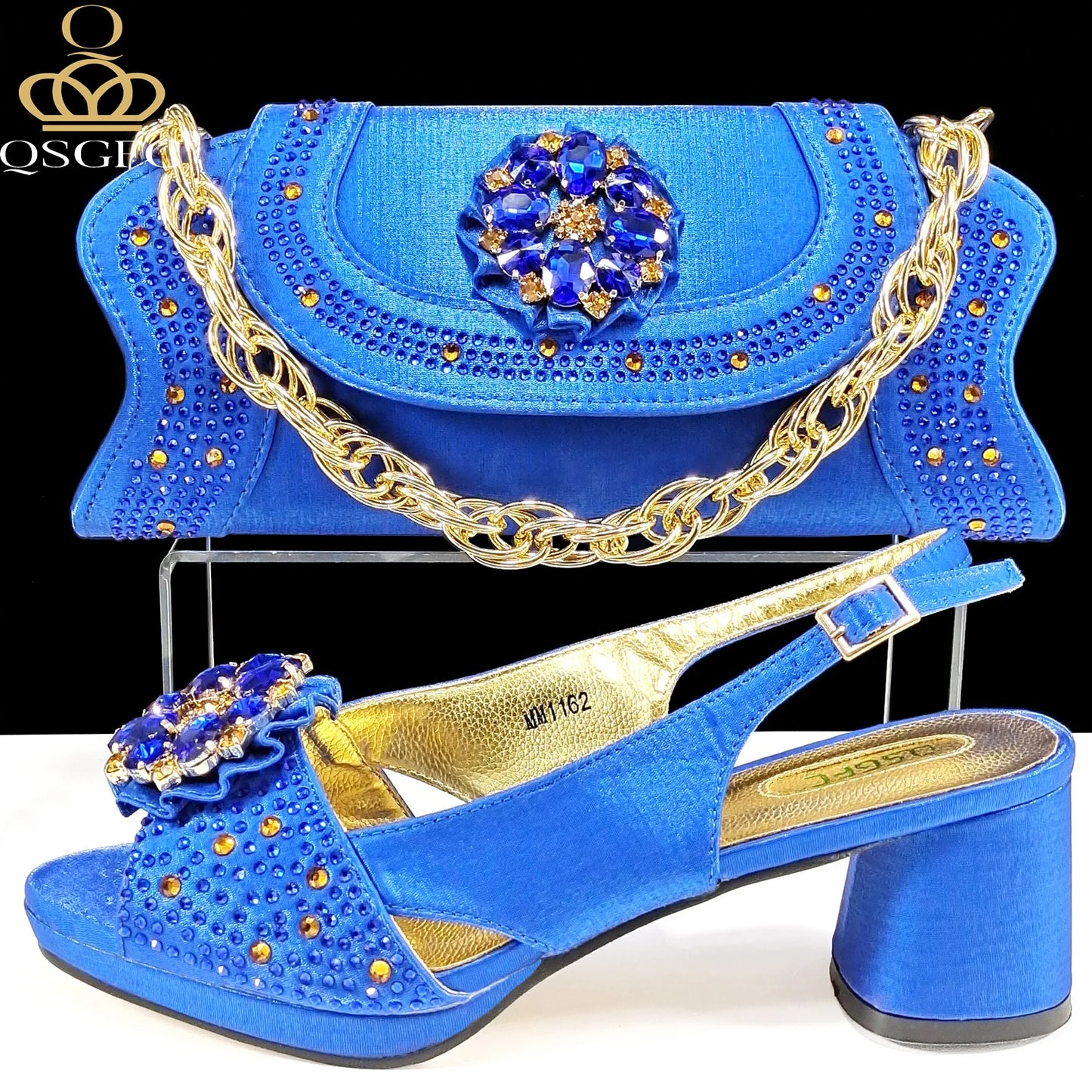 QSGFC Open Toe Women Heels for 2024 Elegant Party Olive Color Diamond Pumps Italian Shoes and Bags Matching Set