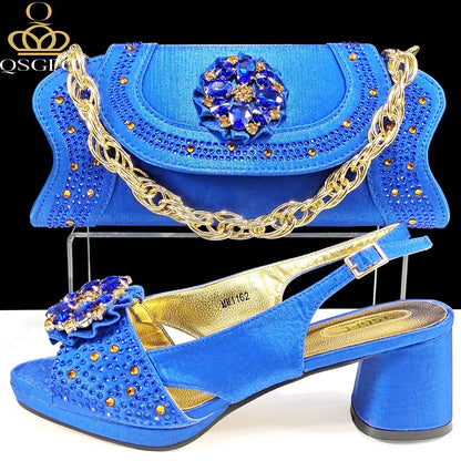 QSGFC Open Toe Women Heels for 2024 Elegant Party Olive Color Diamond Pumps Italian Shoes and Bags Matching Set