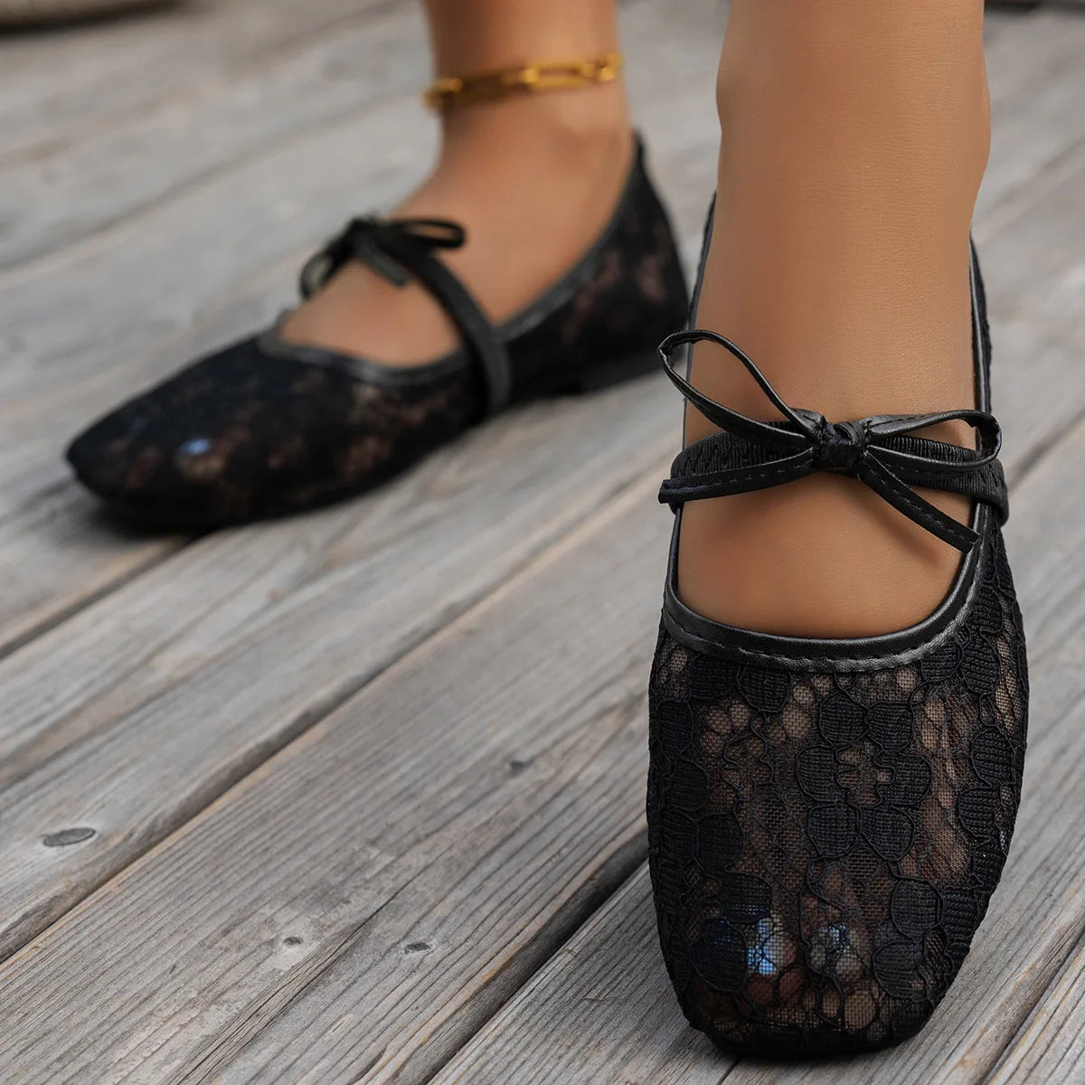 Plus Size 43 Women Fashion Ballet Flats Breathable Laces Square Toe Spring Summer Flat Shoes For Female Daily Walking Loafers