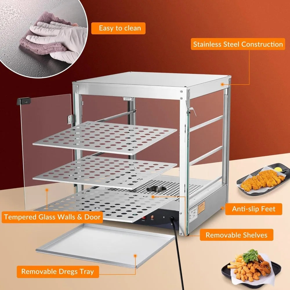 20" Commercial Countertop Food 3-Tier Pizza Warmer with LED Adjustable Lighting Food Heater Display Case Stainless Steel for Fo