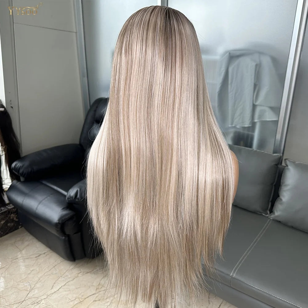 Long Heat Resistant 13x6 Synthetic Lace Front Wig Japan Futura Hair Ombre Highlights Silky Straight Hair Pre Plucked Hairline