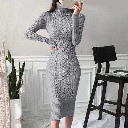 Autumn Winter Women Sweater Dresses Long Sleeve Turtleneck Dress Ladies Solid Color Knitted Bodycon Midi Dress Jumper Dresses