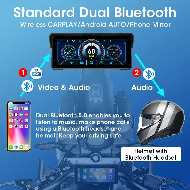 8.1 inch Motorcycle GPS Navigation Wireless Carplay Android Auto IPX7 Waterproof Display Drive Recorder Support 4K+1080P Dual BT