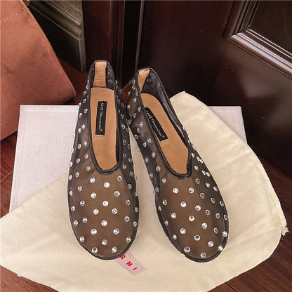 Women Flats Luxury Crystal Rivet Design Sandals Summer Mesh Breathable Ballet Shoes Plus Size Ladies Elegant Party Dress Loafers