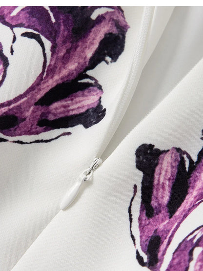 Women Purple Blue and White Porcelain Print Dress Beaded Short Sleeve Loose Straight Summer Casual Midi Dress 2026