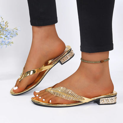 Luxury Rhinestone Leaf Flip Flops Woman Summer 2026 Gold Silver Crystal Low Heel Sandals Women Soft Bottom Lightweight Shoes 43
