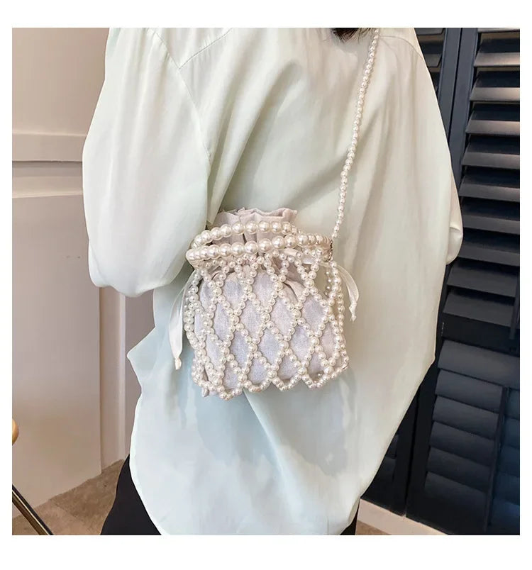 Women Pearl Bag Small Mini Tote Bucket Bag Woven Crossbody Hand Bags for Women Coin Purse Wallet Handbag Ladies Shoulder Bags