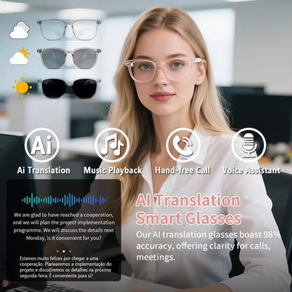 Smart AI translation audio glasses, real-time app translation in over 160 languages, light-sensitive color-changing lenses