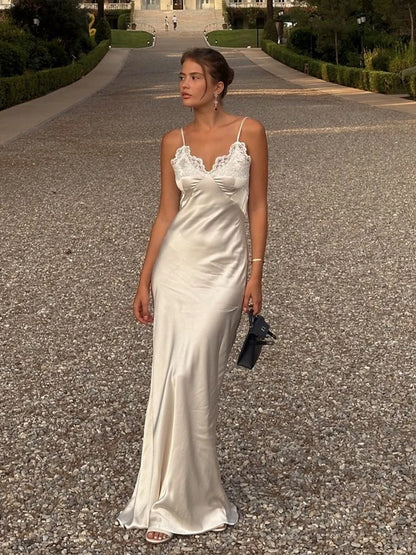 Lace Patchwork Sling Women's Dress Sexy Solid V-neck Sleeveless Backless Stain Female Maxi Dress 2026 Elegant Summer Party Gowns
