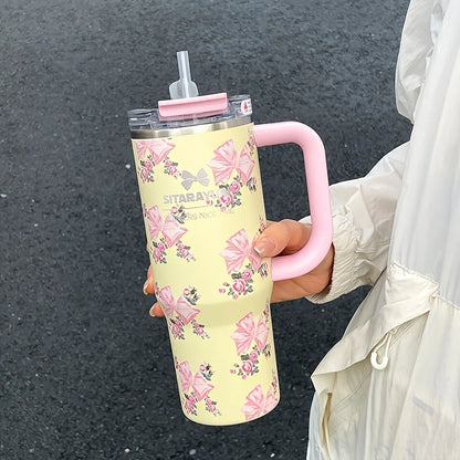 1pc 900ml Floral Print Stainless Steel Vacuum Insulated Tumbler with Straw,  Ice Cold Retention Cup,Birthday Gift for Women