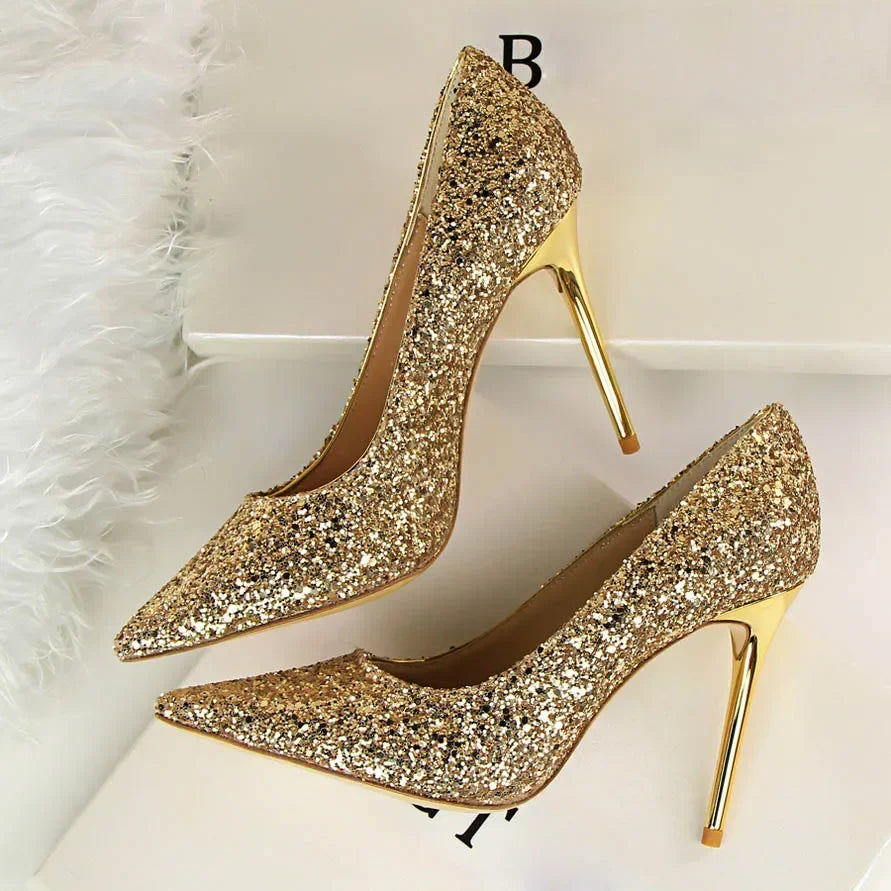 Women Luxury Bling Red  Blue Valentine Party Scarpins Pumps Lady Glitter Sequins 7cm 9.5cm High Heels Designer Shoes Plus Size
