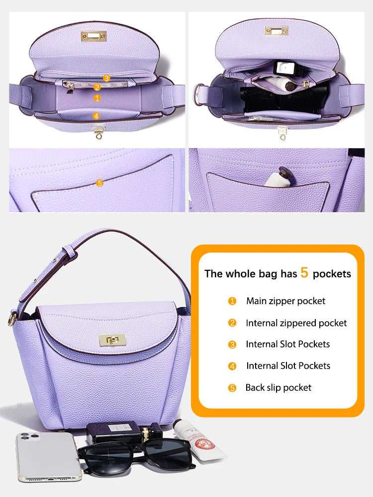 Zency Luxury Genuine Leather Tote Bag For Women Elegant High End Bag Shoulder Crossbody Handbag Top Handle Bags Noble Purple Bag