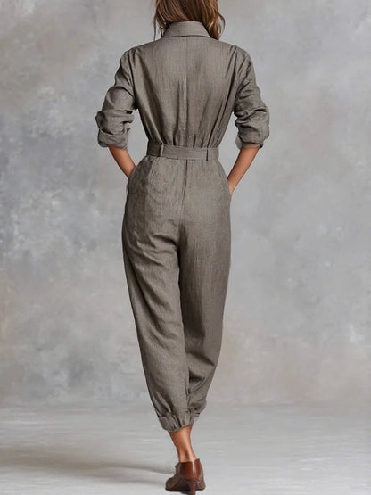 Fashion Lapel Collar Button Pocket Long Jumpsuit Women Casual Long Sleeve Solid Party Romper Elegant Street Loose Cargo Playsuit