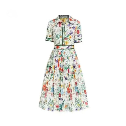 JAMERARY Runway Design Fashion Floral Print Elegant Summer Pleated Midi Long Dress Shirt Street Casual Lady Office Work Dresses