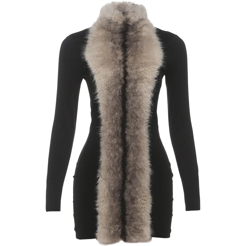 Kliou Sexy Fashion Mini Dresses Woman Furry Patchwork Turtleneck Full Sleeve Skinny Peach Hip Hottie Midnight Club Party Bodycon