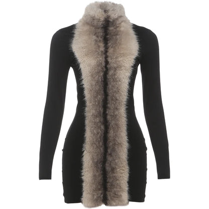 Kliou Sexy Fashion Mini Dresses Woman Furry Patchwork Turtleneck Full Sleeve Skinny Peach Hip Hottie Midnight Club Party Bodycon