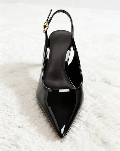 Luxury Patent Leather Metal Buckle Slingbacks Women Pumps Sexy Pointed Toe High Heels for Ladies Elegant Banquet Office Shoes