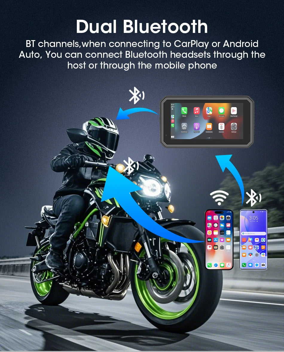 JMCQ Portable 6.25 inch Motorcycle GPS Navigation IPX7 Waterproof Wireless CarPlay Android Auto Drive Recorder Support 4K DVR