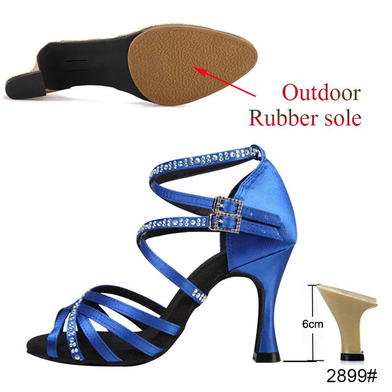 New Latin Dance Shoes Salsa Tango Ballroom Party Women's Shoes High Heeled Rhinestones Bronze Blue Girls Summer Sandals Outdoor