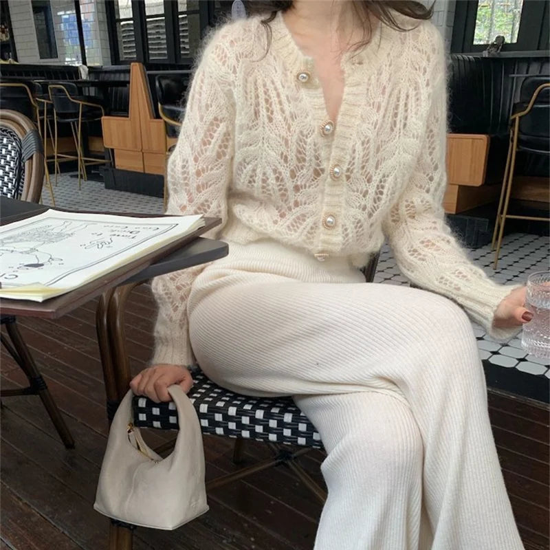 2025 French Style Mohair Cardigan Sweater Women Autumn Sexy Hollow Out Short Knitted Coats Mujer Y2K Chic Design Streetwear Tops