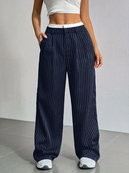 Fashion Pants Women's Stripe Straight Pants 2024 Autumn Winter High Waisted Casual Suit Pants Office Lady Women Trousers Bottoms