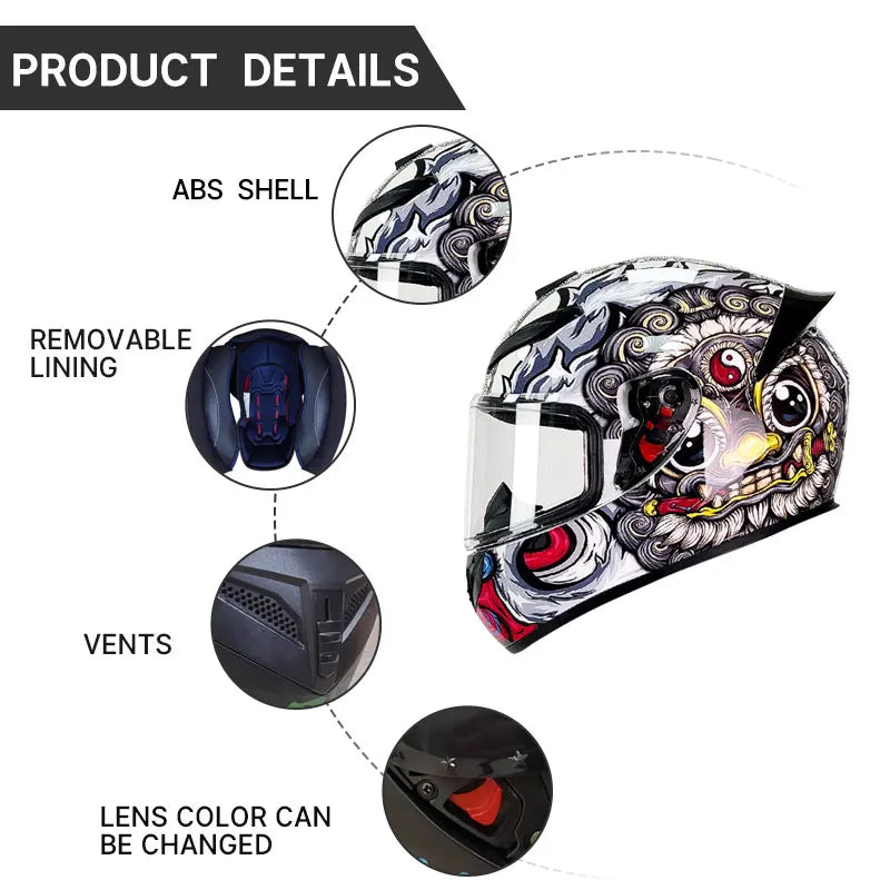 Unisex Design Little Turtle Model Full Face Motorcycle Helmet Reduces Wind Noise and Buffeting for Peaceful Riding All Seasons
