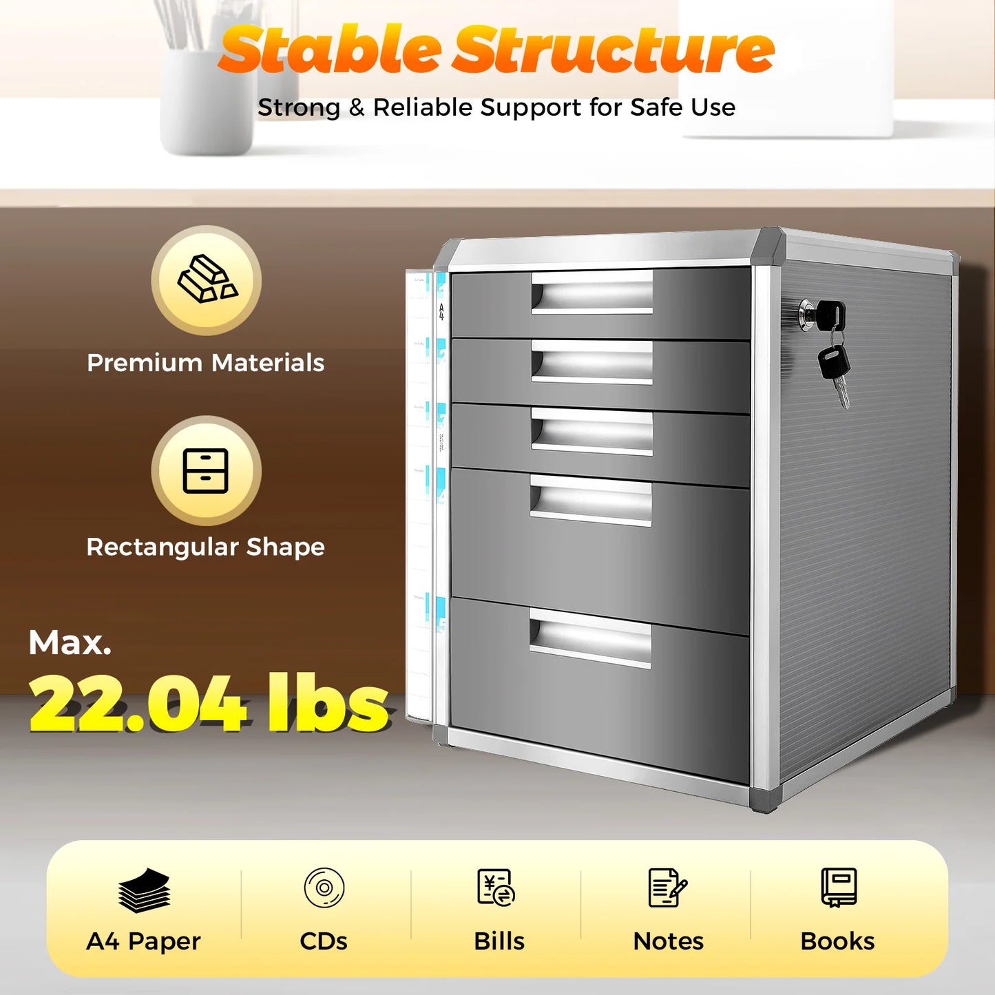 Lockable 5-Drawer Document Storage Box, Security File Organizer with Keys for Office Home Study, Grey