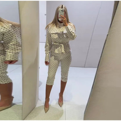 Fashion Polka Dot Cropped Pants Set For Women Y2K Stand Collar Lace Up Jacket High Waist Capri Pants Lady Street 2 Pieces Outfit