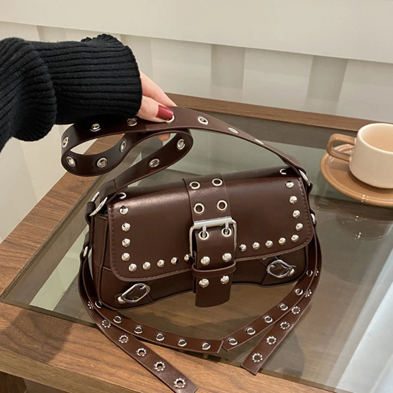 Shoulder Bag for Women Pink Underarm Bags PU Leather Crescent Bags with Rivet Small Y2k Purses Trendy Armpit Purse
