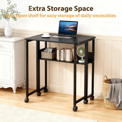 Black Folding Rolling Desk Space Saving with Laptop Table Storage Shelf Sturdy Frame Mobile Workstation Sofa Table with Wheels