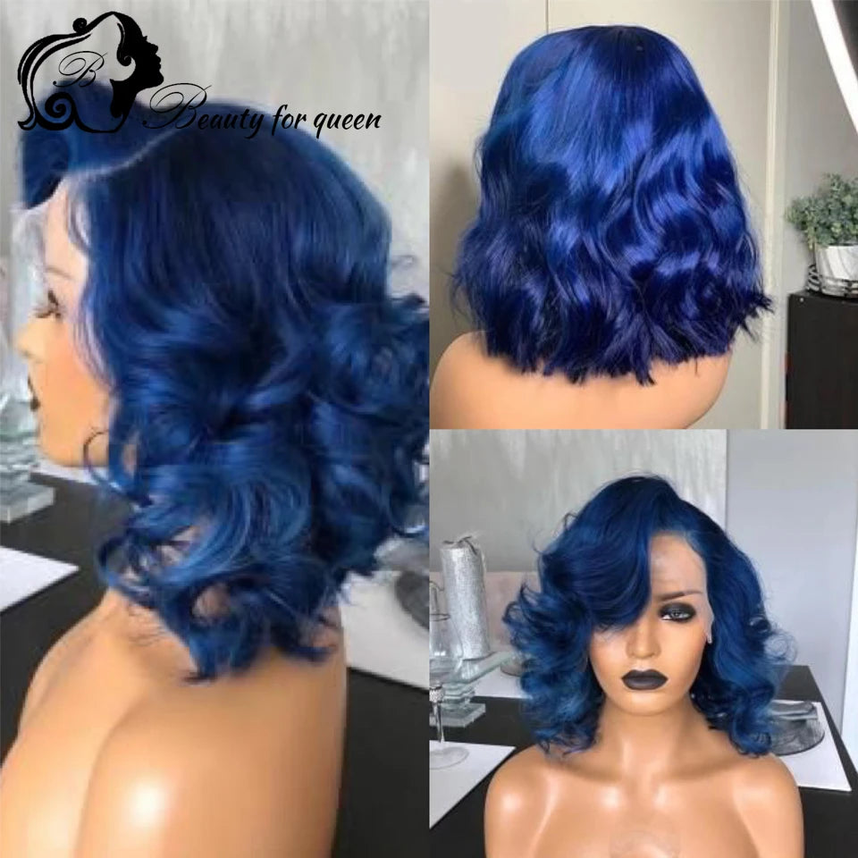 Blue Body Wave Lace Frontal Wig Angel Hair 180%Density  Human Hair Wigs 100%Human Hair Quality Blue Colored 13*4 Lace Front Wigs