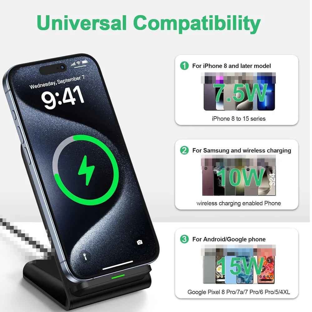 30W Fast Wireless Charger Stand Pad for iPhone 17-11/XR, Samsung Galaxy S25/S26/S21/S20, Xiaomi, Huawei & All Qi-enabled Phones