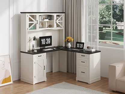 72" L-Shaped Executive Desk with Hutch, Farmhouse Home Office Desk, Wood L Shaped Computer Desks, Withe Computer Workstations