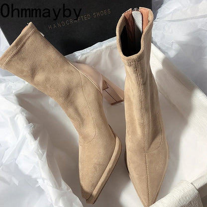 Square High Heel Women Ankle Boots Fashion Zippers Shoes Retro Style Autumn Winter Pointed Toe Ladies Dancing Party Prom Shoes
